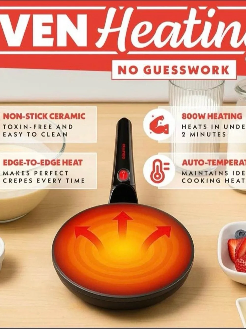 NEW - Gourmia 8” Electric Crepe Maker – Nonstick Ceramic Surface, One-Touch Oper